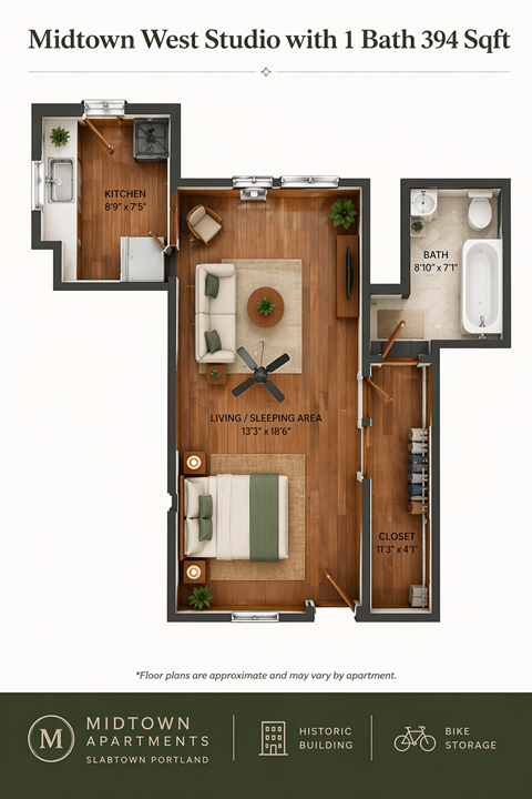 Floor plan for studio, 1 bath, 527 sqft
